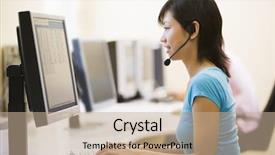  Presentation with computer room - Slide deck consisting of woman wearing headset in computer background and a coral colored foreground