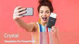  Presentation with journey - Colorful presentation design enhanced with joyful pretty redhead woman wearing backdrop and a coral colored foreground