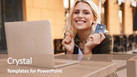  Presentation with credit card - Presentation theme with woman wearing jacket using silver background and a coral colored foreground