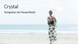  Presentation with kimono - Beautiful PPT theme featuring woman wearing japanese traditional kimono backdrop and a sky blue colored foreground