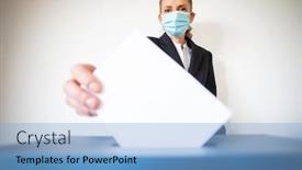  Presentation with vote - Slide deck having woman-wearing-mask-putting-vote background and a light blue colored foreground