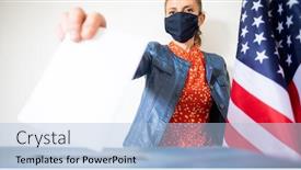  Presentation with vote - Colorful presentation design enhanced with woman-wearing-mask-putting-vote backdrop and a light blue colored foreground