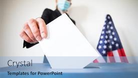  Presentation with vote - PPT theme consisting of woman-wearing-mask-putting-vote background and a light blue colored foreground