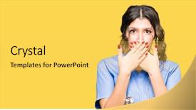  Presentation with woman covering man mouth hand - PPT theme enhanced with woman wearing medical uniform shock background and a yellow colored foreground