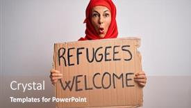  Presentation with refugees - Beautiful presentation design featuring woman-wearing-muslim-hijab-asking backdrop and a coral colored foreground