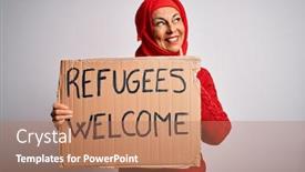  Presentation with refugees - PPT theme having woman-wearing-muslim-hijab-asking background and a coral colored foreground