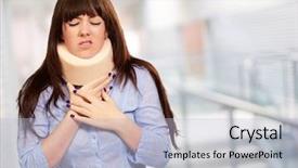  Presentation with arabian woman wearing hijab muslim - Theme consisting of causative - woman wearing neck brace indoor background and a light blue colored foreground