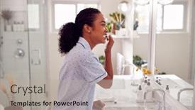  Presentation with woman - PPT theme with woman-wearing-pyjamas-standing background and a light gray colored foreground