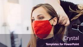  Presentation with wearing a surgical face mask - PPT theme enhanced with woman-wearing-red-face-mask background and a wine colored foreground