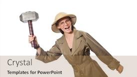  Presentation with safari - PPT layouts enhanced with woman wearing safari hat on white background and a coral colored foreground