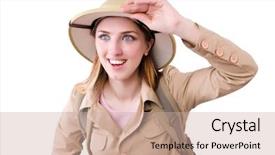  Presentation with safari - Cool new presentation theme with woman wearing safari hat on white backdrop and a soft green colored foreground