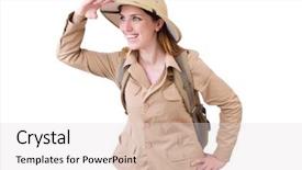  Presentation with safari - PPT theme having woman wearing safari hat on white background and a lemonade colored foreground