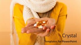  Presentation with pills - Amazing slide deck having woman wearing scarf holding pills backdrop and a gold colored foreground