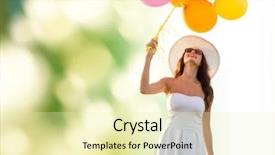  Presentation with happiness - Amazing slide deck having woman wearing sunglasses with balloons backdrop and a soft green colored foreground