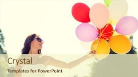  Presentation with happiness - Theme with woman wearing sunglasses with balloons background and a  colored foreground