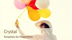  Presentation with summer holiday move - Cool new slide deck with woman wearing sunglasses with balloons backdrop and a cream colored foreground