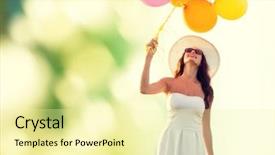  Presentation with happiness - Audience pleasing PPT theme consisting of woman wearing sunglasses with balloons backdrop and a blonde colored foreground