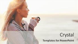  Presentation with hot tea - Cool new slide deck with woman wearing sweater drinking hot tea outdoors in autumn sunlight fall cozy concept backlit backdrop and a light gray colored foreground
