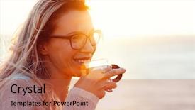  Presentation with hot tea - PPT layouts with woman wearing sweater smiling and drinking hot tea outdoors in autumn sunlight fall cozy concept backlit background and a red colored foreground