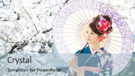  Presentation with kimono - PPT theme featuring woman wearing traditional japanese kimono background and a light blue colored foreground