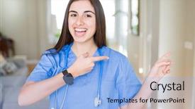  Presentation with young woman wearing boxer gloves - Slide set with woman wearing uniform and stethoscope background and a  colored foreground