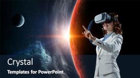  Presentation with virtual reality - Presentation theme enhanced with woman-wearing-virtual-reality-goggles background and a navy blue colored foreground