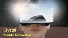 Presentation with virtual reality therapy - PPT theme featuring woman-wearing-virtual-reality-goggles background and a violet colored foreground