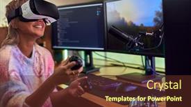  Presentation with virtual reality - PPT theme enhanced with woman-wearing-virtual-reality-headset background and a tawny brown colored foreground