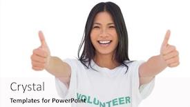  Presentation with tshirt - Audience pleasing PPT theme consisting of woman wearing volunteer tshirt giving thumbs up on white background backdrop and a white colored foreground