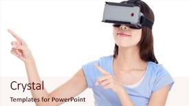  Presentation with finger point - Beautiful PPT theme featuring woman wearing vr device and finger point up backdrop and a lemonade colored foreground