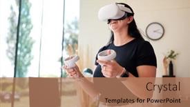  Presentation with gaming - Presentation theme featuring woman-wearing-vr-headset-holding background and a  colored foreground