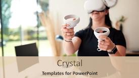  Presentation with gaming - Presentation theme having woman-wearing-vr-headset-holding background and a  colored foreground