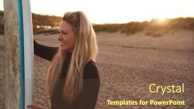  Presentation with staycation - Beautiful PPT layouts featuring woman-wearing-wetsuit-holding-surfboard backdrop and a tawny brown colored foreground