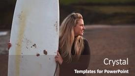  Presentation with staycation - Audience pleasing PPT theme consisting of woman-wearing-wetsuit-holding-surfboard backdrop and a tawny brown colored foreground
