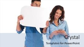  Presentation with man looking up happy - Presentation with woman while she is text background and a teal colored foreground