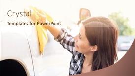  Presentation with car wash - Beautiful PPT theme featuring woman-wiping-car-door-handle backdrop and a cream colored foreground