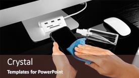  Presentation with corona virus - Audience pleasing slide set consisting of woman-wiping-mobile-phone-screen backdrop and a tawny brown colored foreground