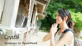 Presentation with japanese - Theme having woman wishing in japanese temple background and a soft green colored foreground