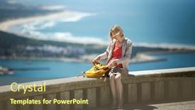  Presentation with backpack - Presentation theme with woman-with-a-backpack-resting background and a tawny brown colored foreground