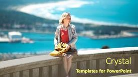  Presentation with backpack - Slides featuring woman-with-a-backpack-sits background and a tawny brown colored foreground