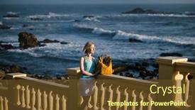  Presentation with atlantic - Slide set consisting of woman-with-a-backpack-stands background and a tawny brown colored foreground