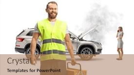  Presentation with road - Slides featuring woman-with-a-car-problem and a coral colored foreground