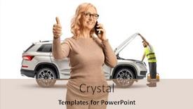 Presentation with mechanic - PPT theme with woman-with-a-car-problem background and a coral colored foreground