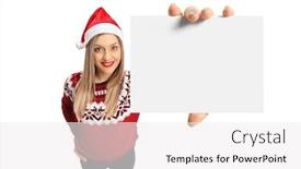  Presentation with christmas card - PPT theme consisting of woman with a christmas hat showing a blank card isolated on white background background and a white colored foreground