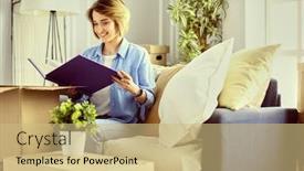  Presentation with everything - PPT theme featuring woman-with-a-folder-checks background and a coral colored foreground