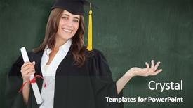  Presentation with green chalkboard - Amazing slide set having woman with a hand out to her side as she smiles and looks at the camera against green chalkboard backdrop and a dark gray colored foreground