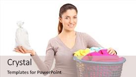  Presentation with money bag sysmbol - Beautiful slide deck featuring woman with a laundry basket backdrop and a soft green colored foreground