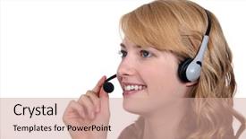  Presentation with telephone - Beautiful slides featuring woman-with-a-telephone-headset backdrop and a coral colored foreground