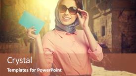  Presentation with ticket - PPT layouts having woman with a ticket and a suitcase in the street of a small italian town background and a coral colored foreground