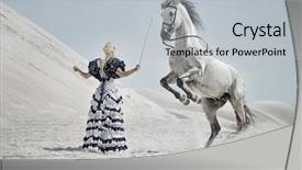  Presentation with horse sales - Amazing PPT theme having woman with a white horse backdrop and a light gray colored foreground